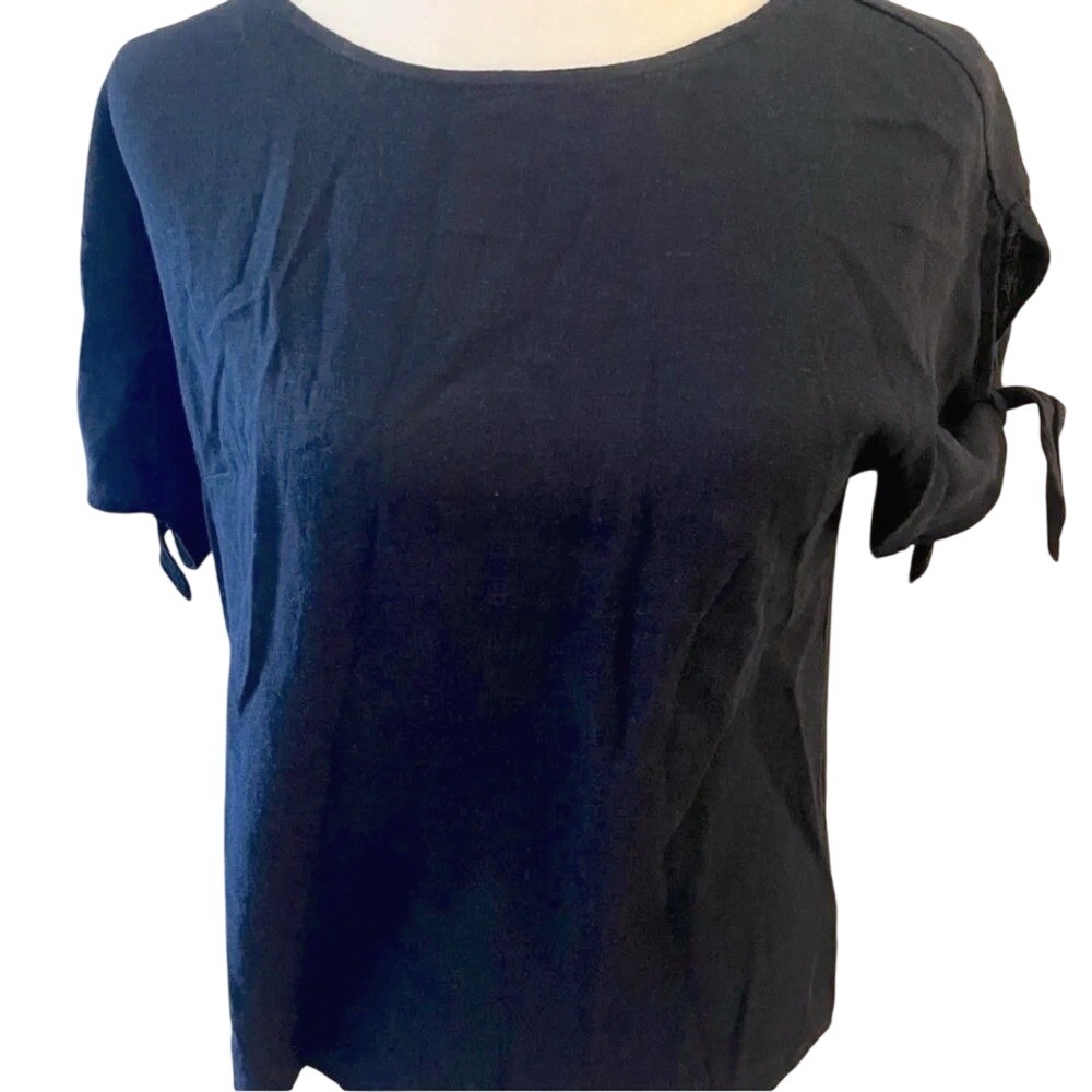 Ellen Tracy Linen Blend Split Back Short Sleeve Blouse Women XS Navy Blue NWOT